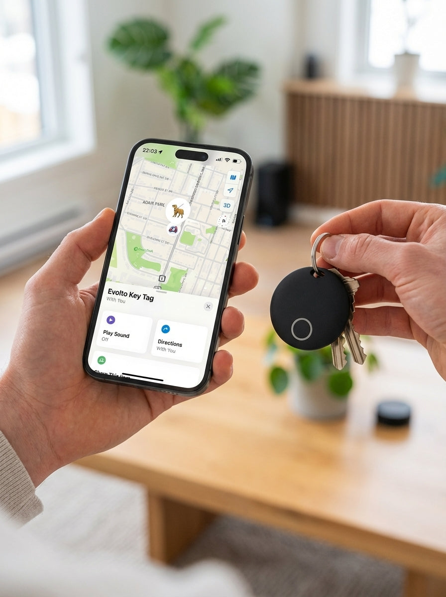 En svart, rund Evolto key tag fäst vid en nyckelknippa, bredvid en smartphone som visar spårning i appen.