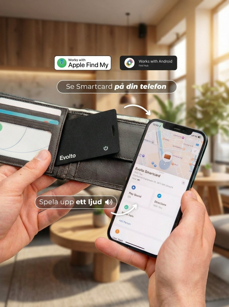 Händer som placerar ett Evolto tracking card i en plånbok bredvid en smartphone som visar spårning via Apple Find My och Android.