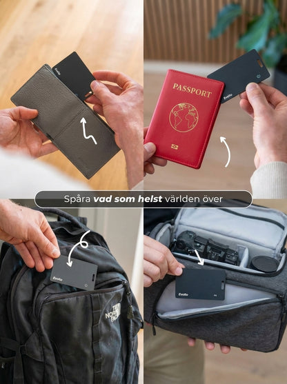 Hand som håller ett ultratunt tracking card från sidan för att visa den smala profilen på 1,8 mm.